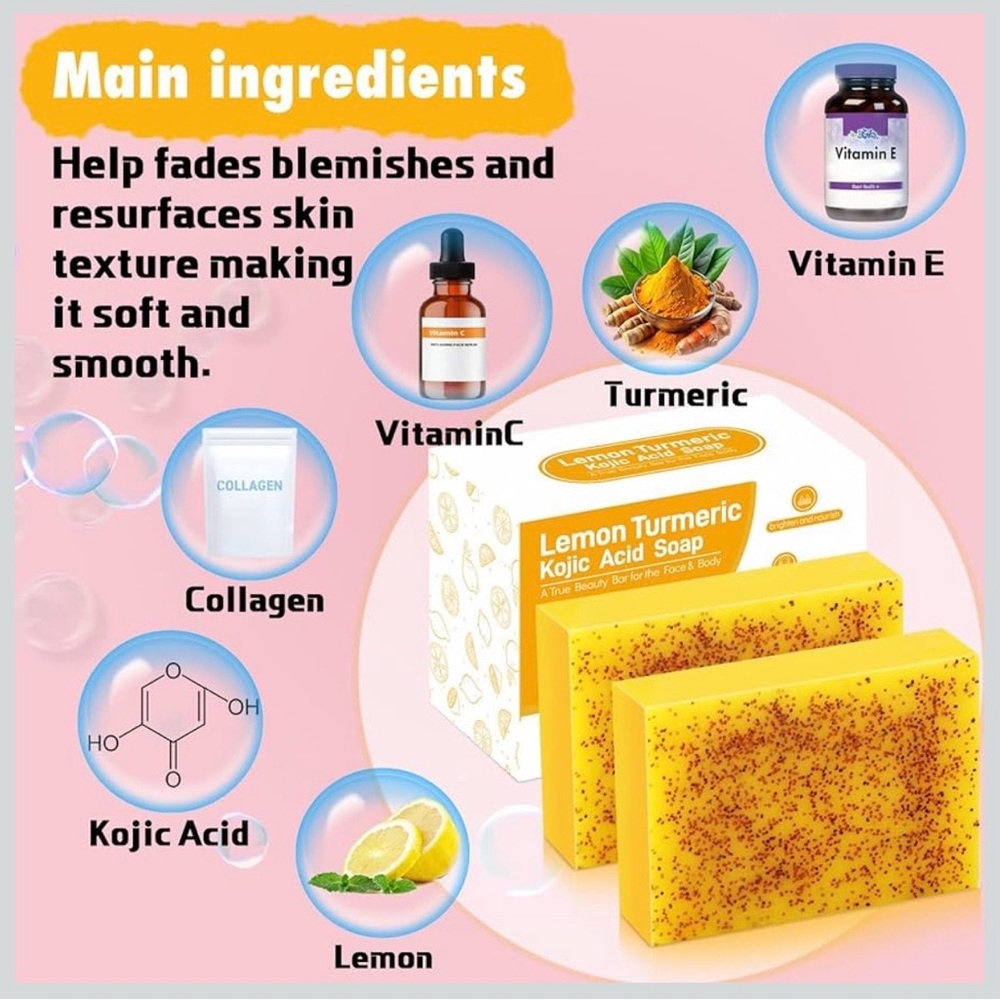 Lemon Turmeric Kojic Acid Soap Bar Vitamin C for Face Body Hands 2 Bars NWT - Picture 5 of 9